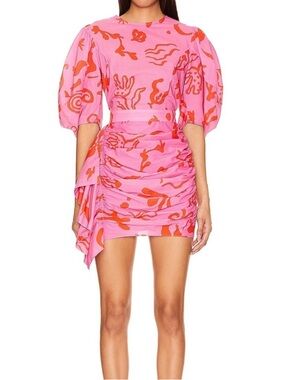 RHODE Pink with Orange Abstract Puff-Sleeve Mini Dress